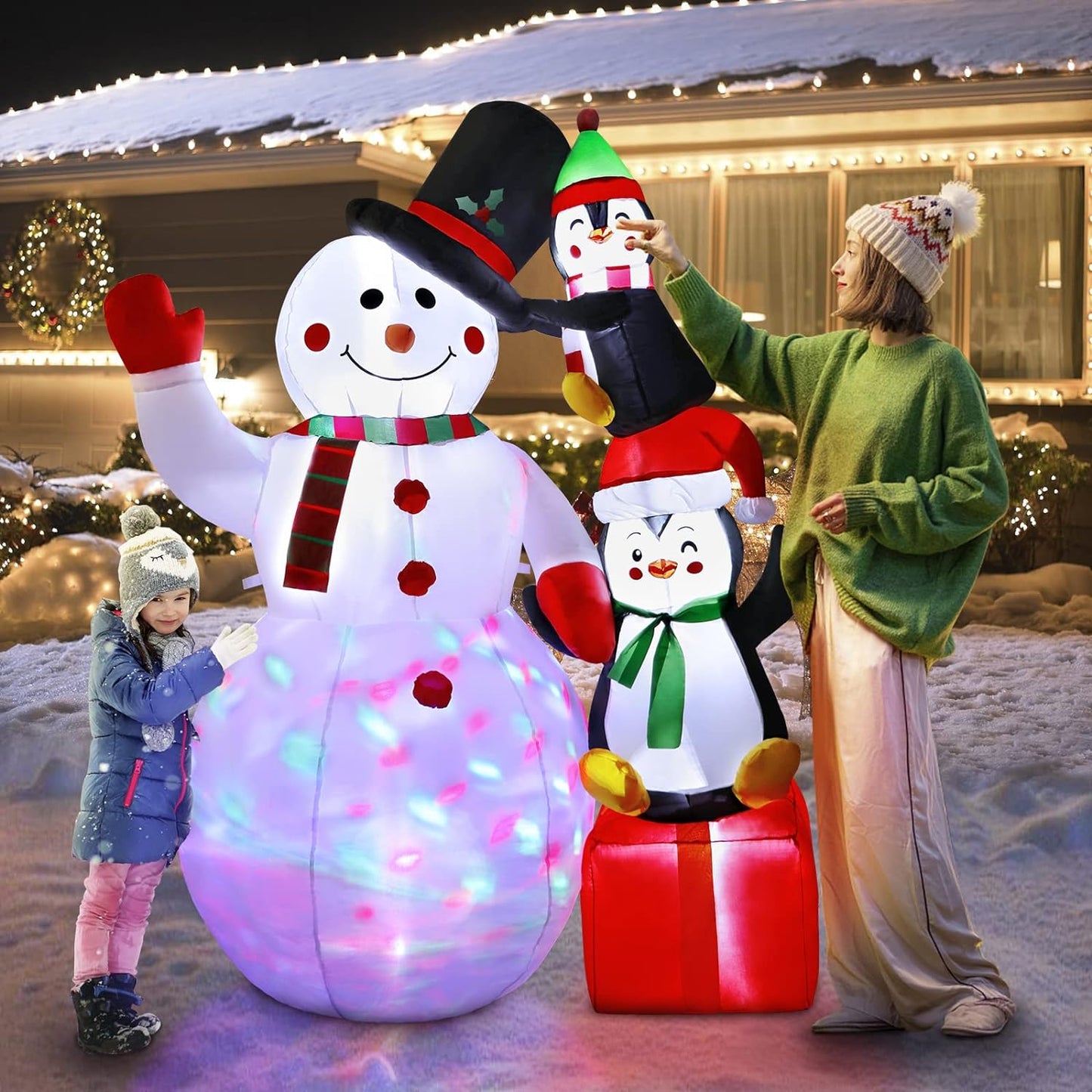 Muñeco de nieve LED inflable de 6 pies con pingüinos